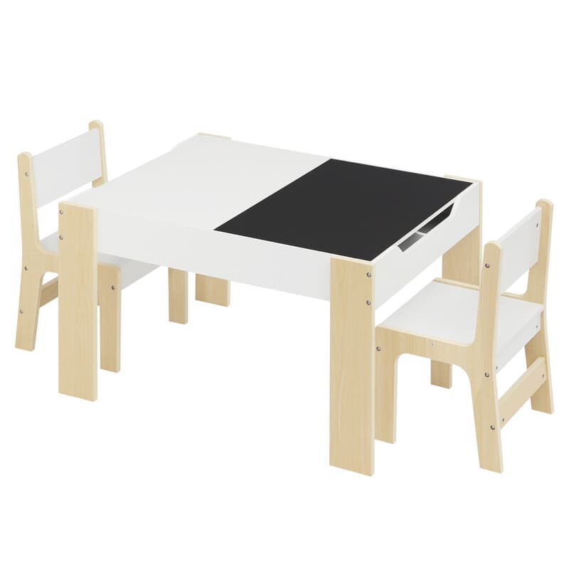 Lestarain Kindertisch-Set mit Aufbewahrungsschubladen, 2 Holzstühlen und Kreidetafel, 81,5 x 60,5 x 48 cm, Weiß/Natur