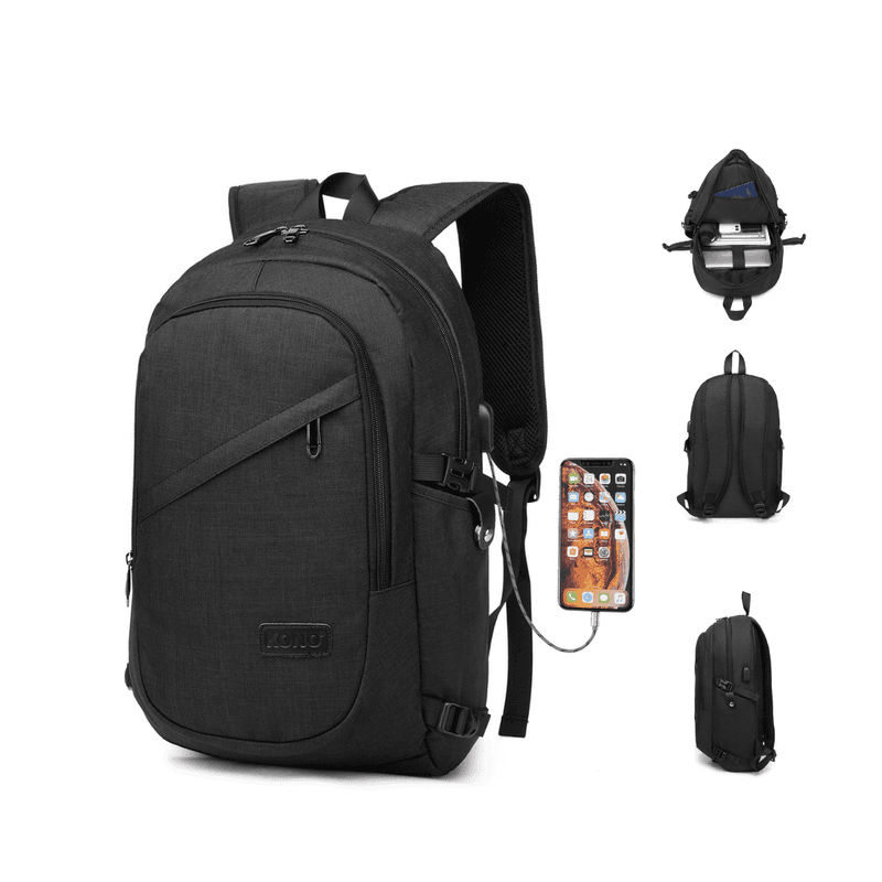 Kono Diebstahlsicherer Reise- und Geschäfts-Laptop-Rucksack mit USB-Ladeanschluss, leicht, wasserabweisend, passend für 15,6-Zoll-Laptops, Schwarz