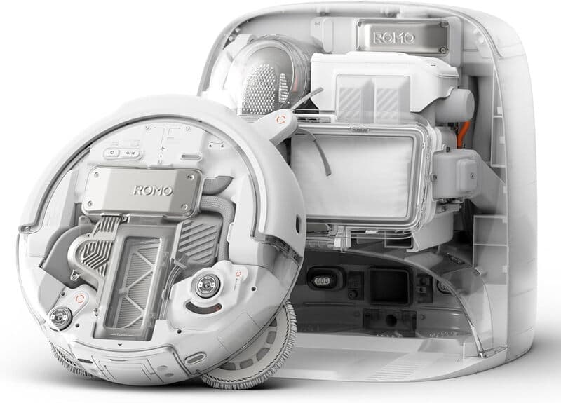 DJI ROMO P Saug- und Wischroboter mit transparentem Design, 25.000 Pa Saugkraft, Sensorik auf Drohnen-Niveau, zwei Roboterarme, 200 Tage