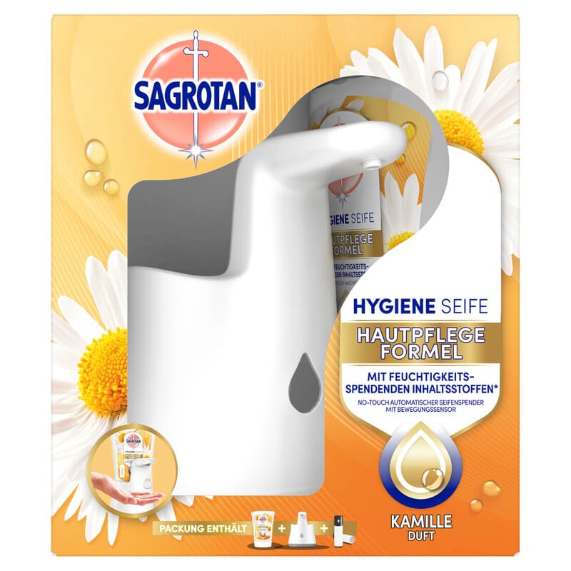 Sagrotan No-Touch Starter-Set – Automatischer Seifenspender + 1 x 250 ml Kamille Handseife Nachfüllpackung