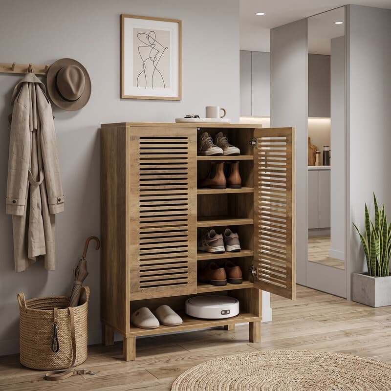 freistehender Schuhschrank, schmale Garderobenmöbel im Landhausstil, platzsparender Holz-Organizer mit 6 Regalböden, Farbe Natur-Eiche