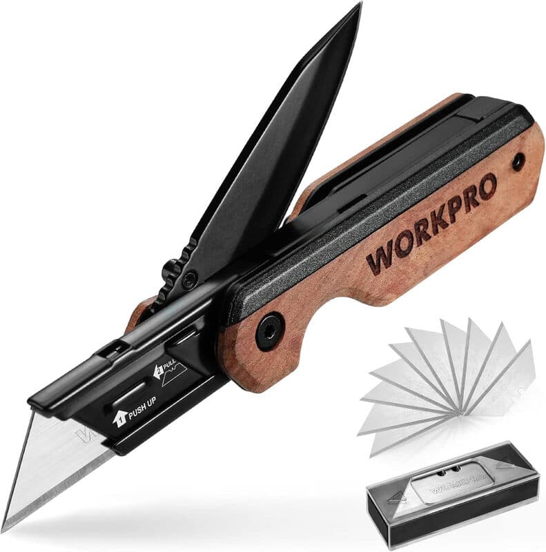 WORKPRO 2-in-1-Aluminium-Taschenmesser, klappbares Universalmesser mit Holzgriff und Gürtelclip, Liner-Lock, Schnellwechsel, inklusive 10