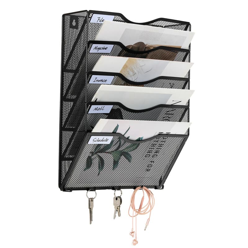 Senhoglb A4-Wandmappe aus Metallgitter mit 5 Fächern und 5 Haken, Schwarz, Neujahr-Angebot, Top-Geschenkideen