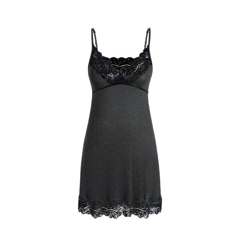 Dunkelgraues Trägerkleid mit breitem Spitzen-V-Ausschnitt, Größe L