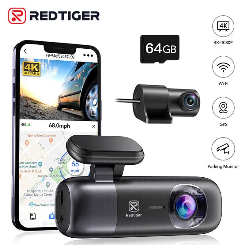 REDTIGER F9 Dashcam 4K vorn und hinten 1080P, WLAN-GPS-Autokamera mit 64 GB Karte, Dual-Dashcam für Autos, Schleifenaufnahme, Nachtsicht, Parkmodus,