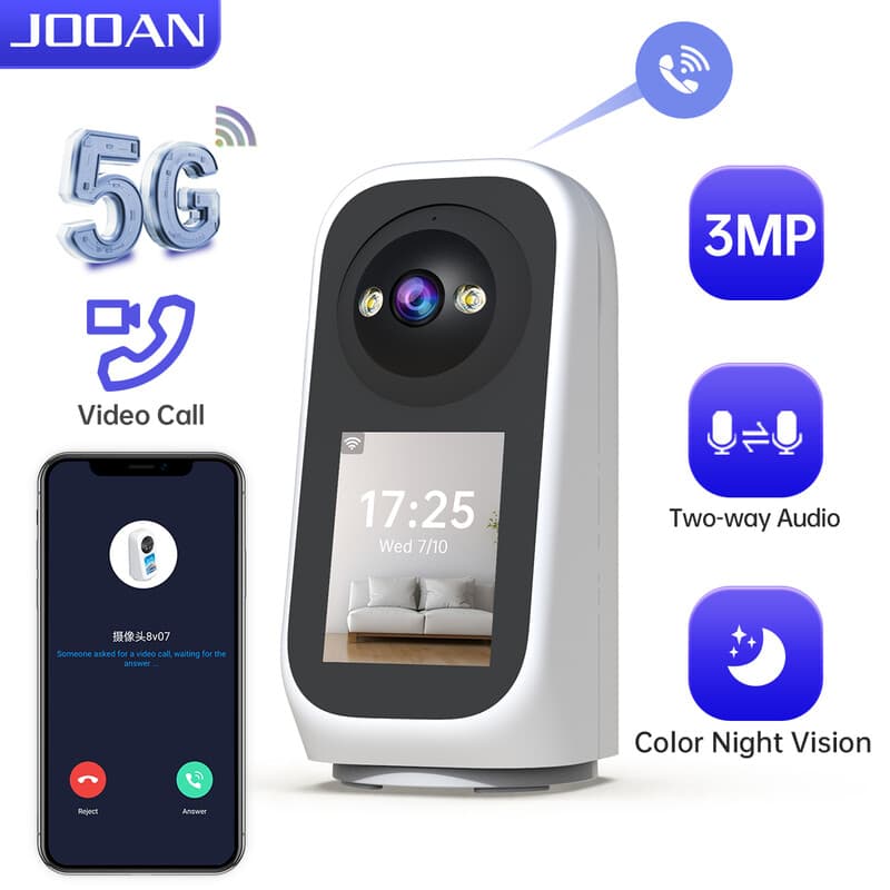 JOOAN 5G WLAN Sicherheitskamera für Innen mit Display, 2K-Überwachungskamera, 360° PTZ, IP-Kamera für zu Hause, Baby & Senior, SD-Karte &