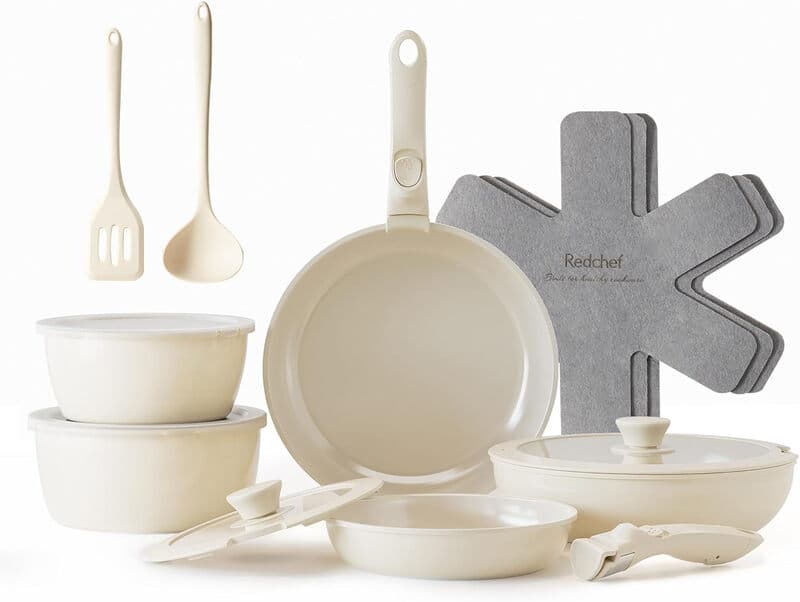 Redchef 16-teiliges Keramik-Kochgeschirr-Set mit abnehmbaren Griffen, außen weiß, innen kaffeebraun, PTFE/PFAS/PFOA-frei, spülmaschinenfest