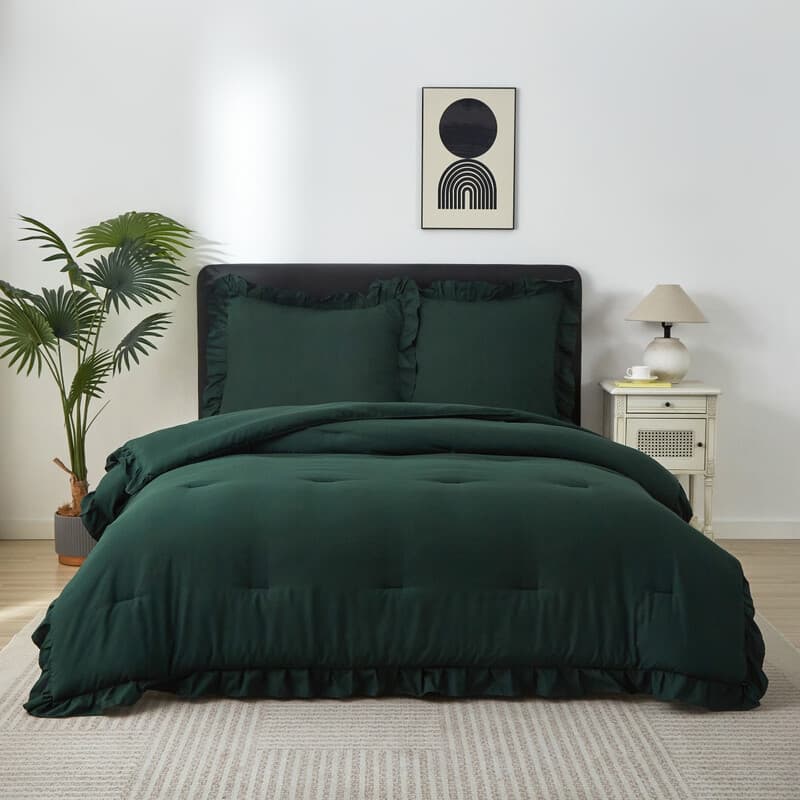 Meeallhome Bettwäsche-Set Vintage Rüschen Bettset 240x220cm/80x80cmx2 dunkelgrün