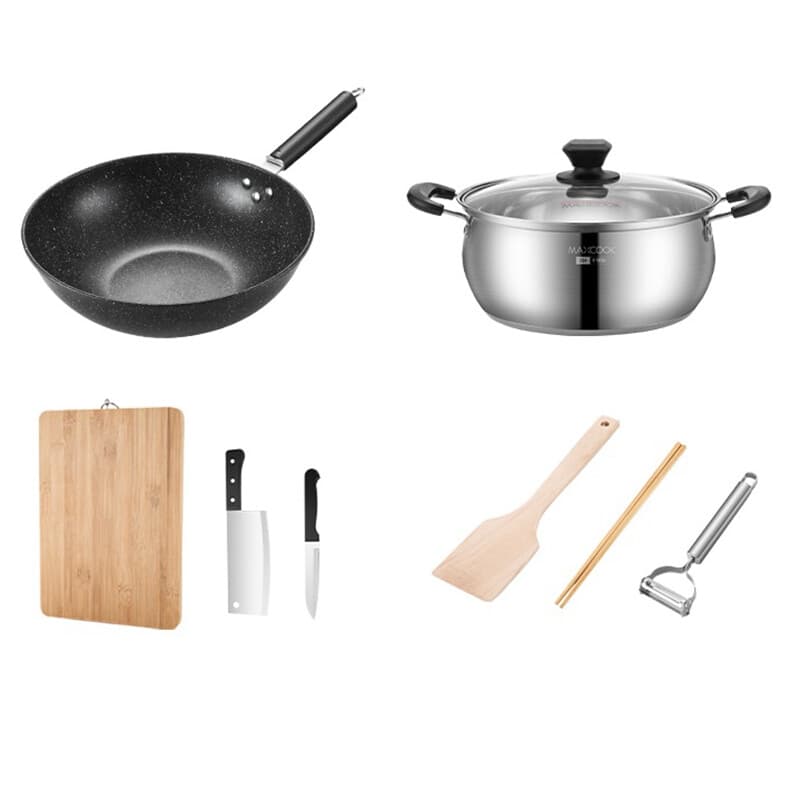 Maxcook Töpfe und Pfannen 8-teiliges Kochgeschirr – Bratpfanne, Suppentopf, Schneidebrett, Küchenmesser, Essstäbchen, Holzspatel, Schälmesser,