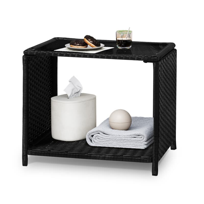 WOLTU Polyrattan Gartentisch, 45x40x45 cm, Beistelltisch mit Glasplatte und offenem Regal, wetterfester Balkontisch, Terrassentisch, Outdoor-Tisch,