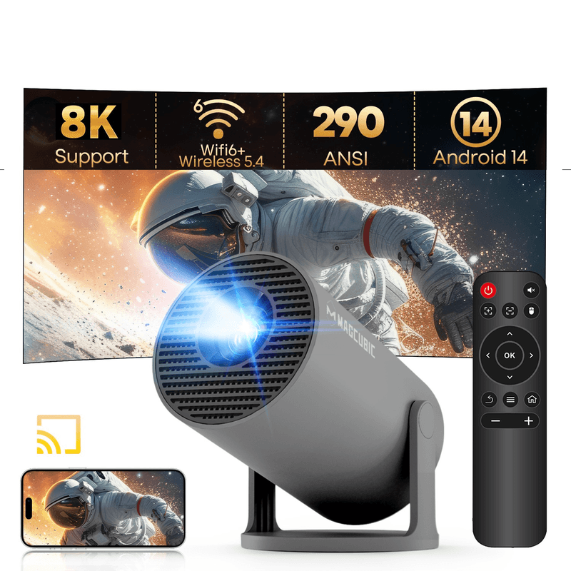 【Lite Entertainment】MAGCUBIC Mini-Beamer 8K 1080P, mit WiFi 6 & Bluetooth 5.4, 290 ANSI Lumen, Android 14, automatische Trapezkorrektur,