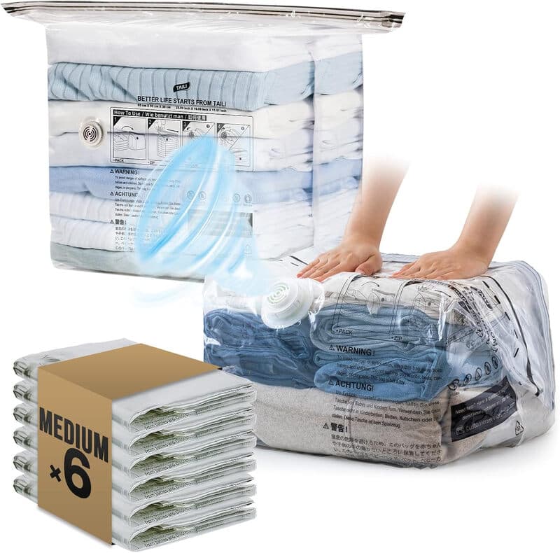 TAILI 6er-Pack Cube-Vakuum-Aufbewahrungsbeutel, mittelgroß (25x19x11 Zoll), Vakuum-Versiegelungsbeutel für Kleidung, Reisekompressionspackung für