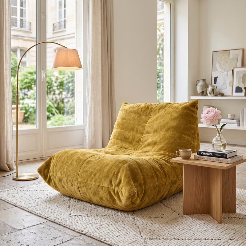 URBAN MEUBLE Chenille-Beanbag-Sessel Serie Lazy Sofa Gelb 90x100x80 cm