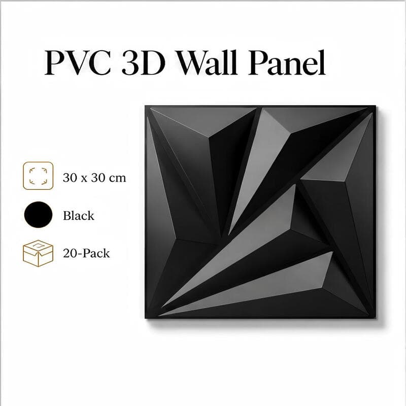 Premium PVC 3D Wandpaneele – Moderne strukturierte Fliesen für Wohn- und Bürodekoration (30x30cm, Schwarz, 20er-Pack)