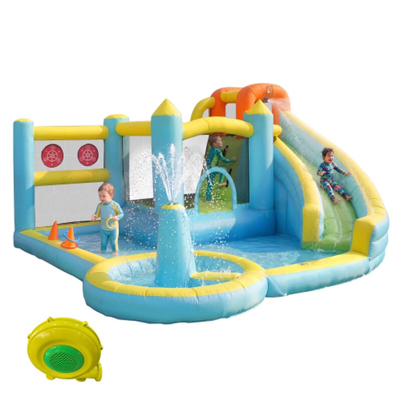 Aufblasbarer Kinder-Wasserspielplatz mit Wasserrutsche, Pool und Wasserburg, Wasserspielbereich für Garten im Freien mit Gebläse, Aufblasbare