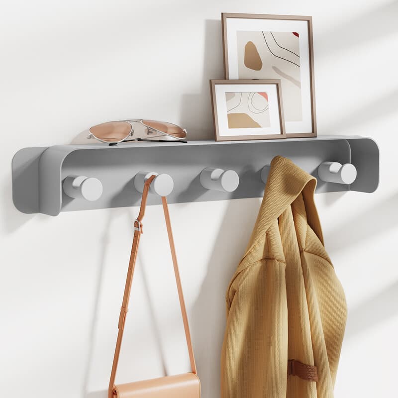 KAPANOU Kleiderständer mit Wandmontage, 5 Haken und Ablage, robuster Metall-Kleiderständer aus Aluminium für Badezimmer, Schlafzimmer,