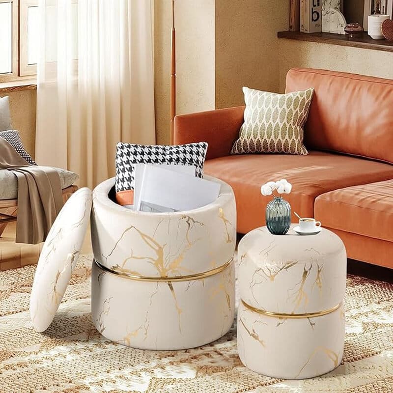Ckaff 2er-Set Hocker mit Stauraum, Hocker mit Stauraum, Schminkhocker, Pouf, Sitzhocker, runder Fußhocker mit Stauraum und Bouclé-Samtbezug für
