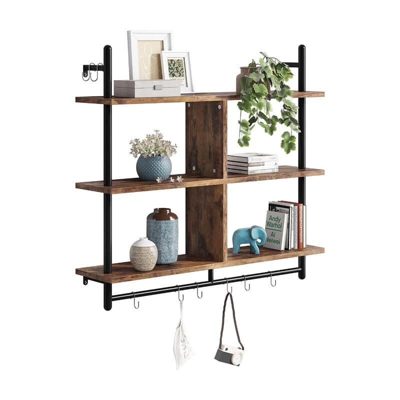 Bestier 3-stufiges schwebendes Wandregal – 105 × 96 × 23,8 cm, industrielles Leiterregal mit Haken, Holzpaneele, für Küche, Wohnzimmer & Balkon