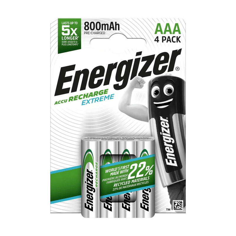 Energizer Recharge Extreme - wiederaufladbare AAA-Batterien (4 Stück) - 800 mAh NiMH-Batterien - langlebige Leistung für Digitalkameras,