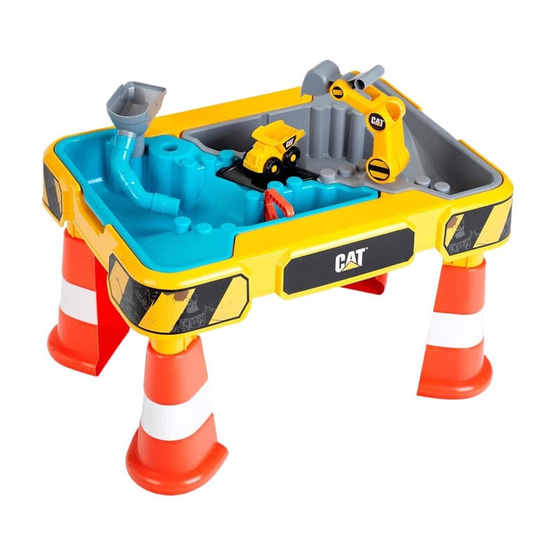 Theo Klein 3242 3237 CAT Sand- und Wasserspieltisch | Mit Baggerarm, Kipper, 2 Rohren, Stoppern und entnehmbaren Becken | Spielzeug für Kinder ab 18
