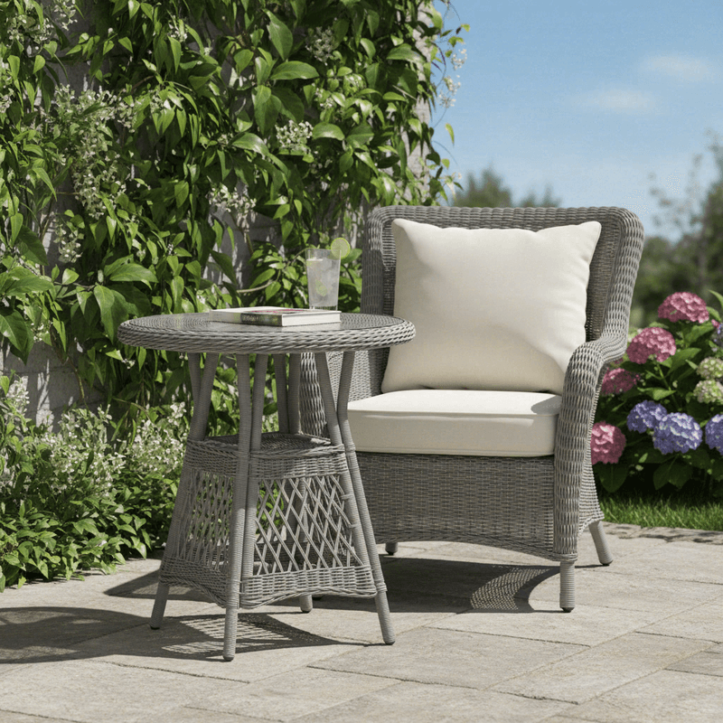 VILA Bistrotisch 69x73 cm, PE-Rattan und Glas Gartenmöbel, Sandfarben, Eleganter Gartentisch