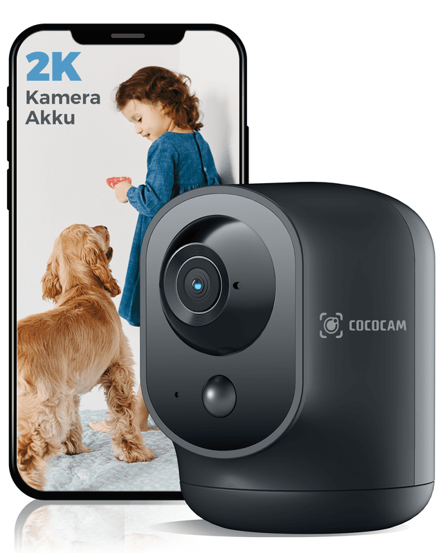 COCOCAM 2K Indoor-Sicherheitskamera mit Schwenk-/Neigefunktion, mit 5200‑mAh‑Akku, WLAN-Kamera, kabellos, für Babyphone/Haustier/Heimsicherheit,