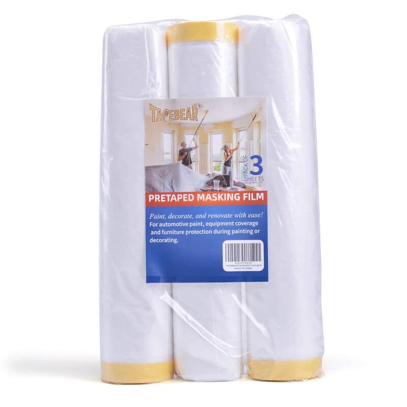 TAPEBEAR Vorgeklebtes Maskierband, Tape and Drape, Folie-Rolle, Maskierfolie für Autolackierer, Folienabdeckung für Haushaltsgeräte und Möbel, 9