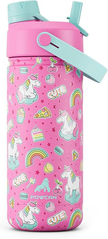 POWCAN by Meoky Sport-Trinkflasche mit zwei Öffnungen 18 Unzen (ca. 530 ml) mit Griff – Rosa und Blaues Einhorn