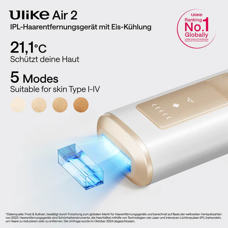 Ulike Air 2 IPL Haarentfernungsgerät für Damen und Herren mit Eiskühltechnik, nahezu schmerzfreie Ergebnisse, sichere Alternative zur