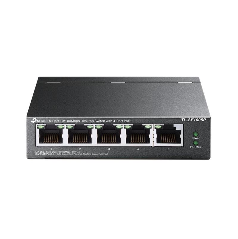 TP-LINK TL-SF1005P PoE-Switch, 5-Port 10/100 Mbit/s, 4× PoE-Ports, Plug & Play Unmanaged Netzwerk-Switch, Desktop, Schwarz