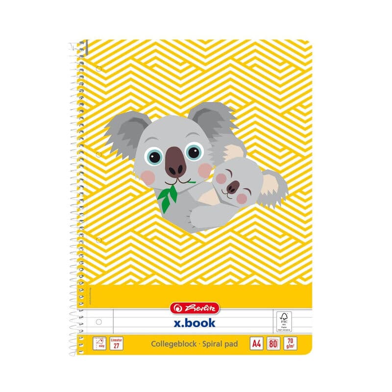 herlitz Koala Spiralnotizbuch A4, Lineatur 27, niedliche Tiere, 80 linierte Blätter