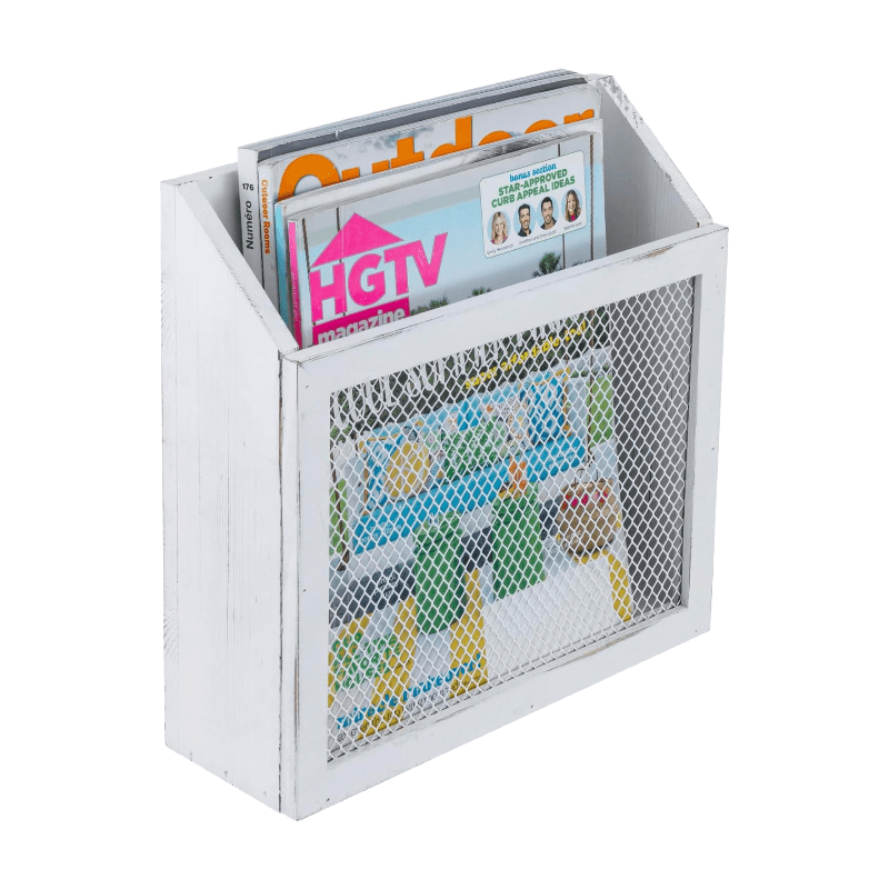 MyGift Rustikaler Zeitschriftenhalter Vintage Weißes Holz und Hühnerdraht-Design Wandmontiert/Tisch-Postsortierer, Landhausstil, Badezimmer,