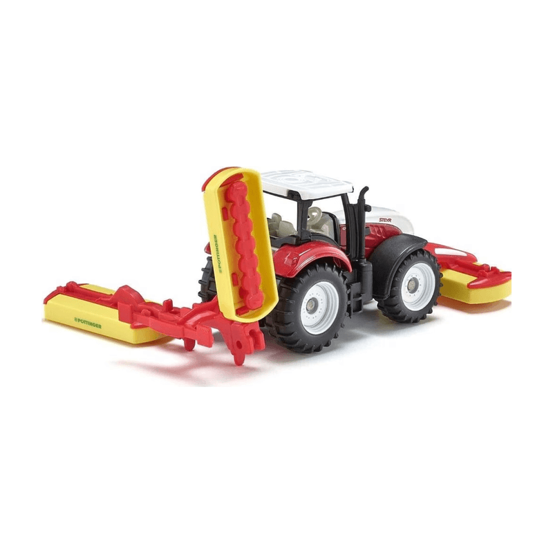 siku 1672 Steyr Traktor mit Pöttinger-Mähkombination, Metall/Kunststoff, Rot, Spielzeugfahrzeug für Kinder