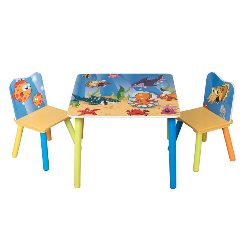 Woltu Kindertisch und 2 Stühle Set, Ozean-Motiv, Abgerundete Ecken, Sicheres MDF, Für Vorschulkinder und Kinderzimmer