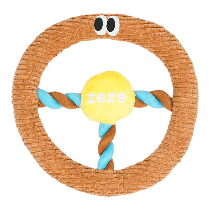 zeze Auto-Lenkrad Kauspielzeug für Hunde (Braun) 23 x 23 x 3,5 cm, integrierter Soundeffekt, Geräuschspielzeug