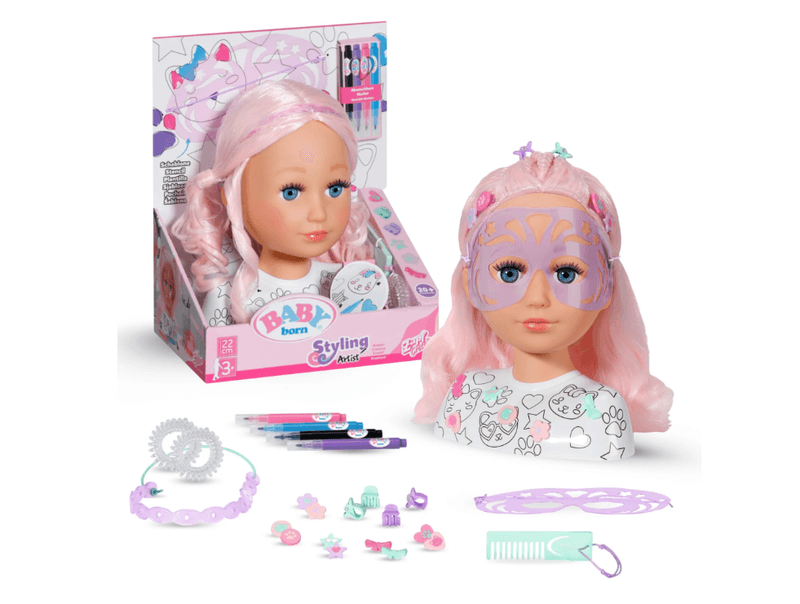 Baby Born Styling Head Creative, Schminkkopf zum Bemalen mit hochwertigem pinkem Haar und über 20 Accessoires, 836033 Zapf Creation