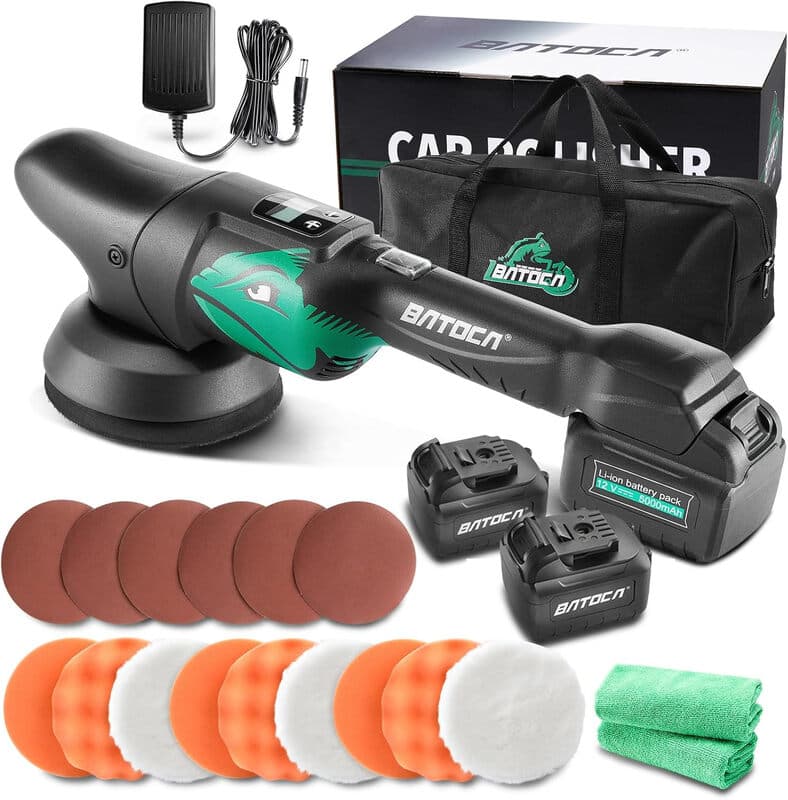 BATOCA S2 Auto-Poliermaschine, Akku-Polierer, LCD-Drehzahlanzeige 2000–4500 U/min, 8 mm Exzentrischer / Orbital-Puffer, Auto-Polierer, Polierset mit