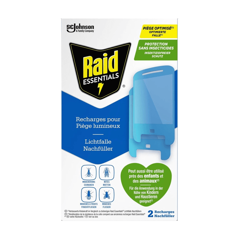 Raid Essentials 2x Lichtfalle Nachfüller für Fliegen, Fruchtfliegen und Motten, Ohne Insektizide, 24/7 Schutz vor fliegenden Insekten, Lichtfalle