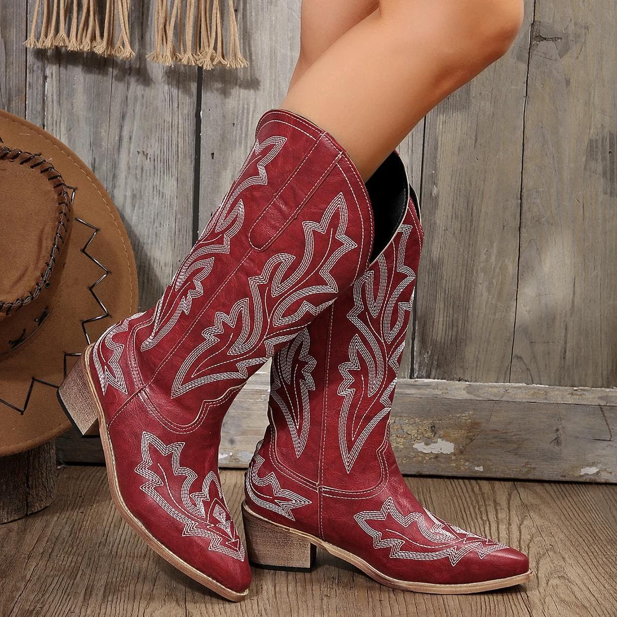 Vintage Western Cowgirl Stiefel Stickerei Cowboy Stiefel für Damen Kniehoch Damen Absatzschuhe Herbst Blockabsatz 40 rot
