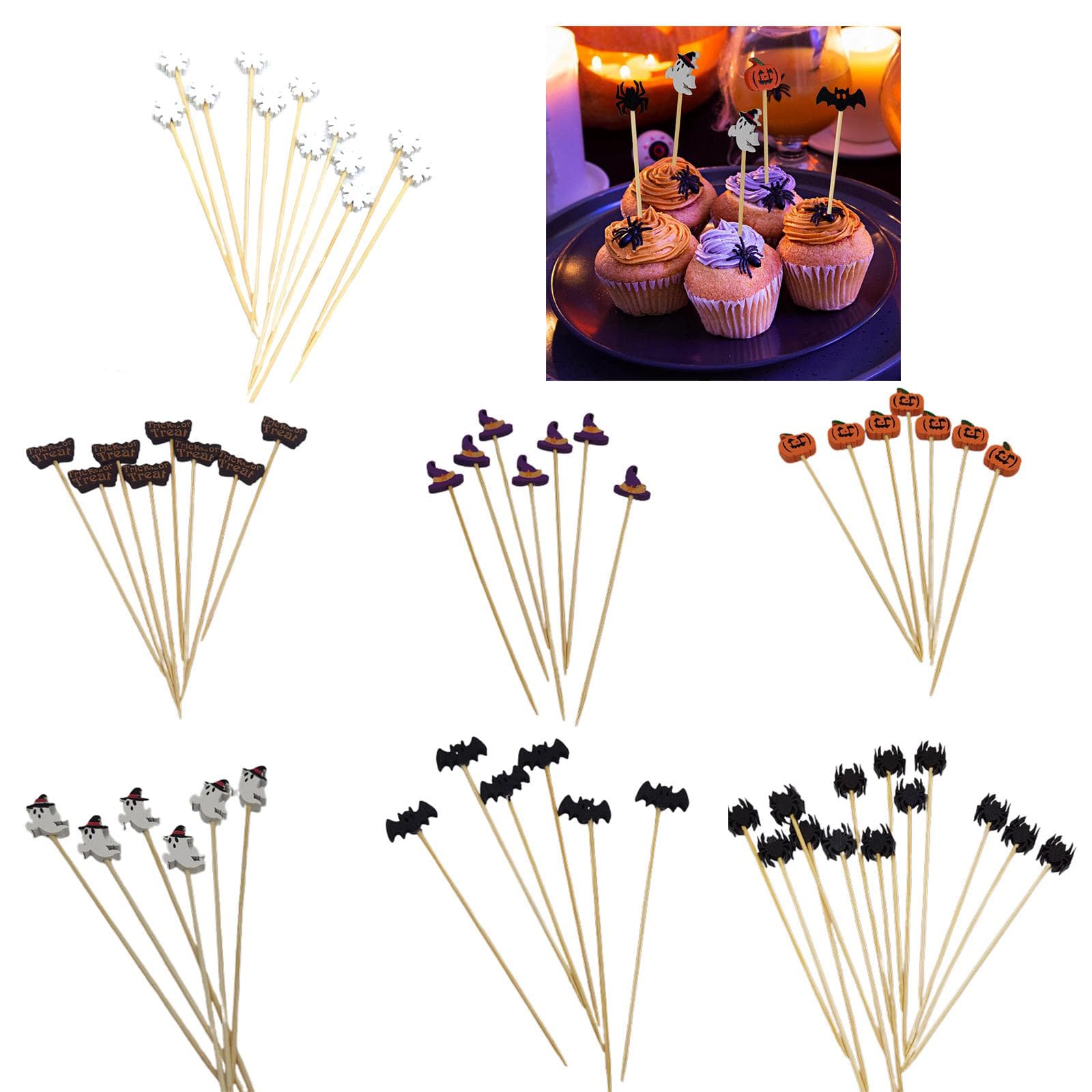100 Stück Fledermaus Spinne Kürbis Cocktailspieße Holz Zahnstocher mit Dekoration Cocktailspieße für Themenparty