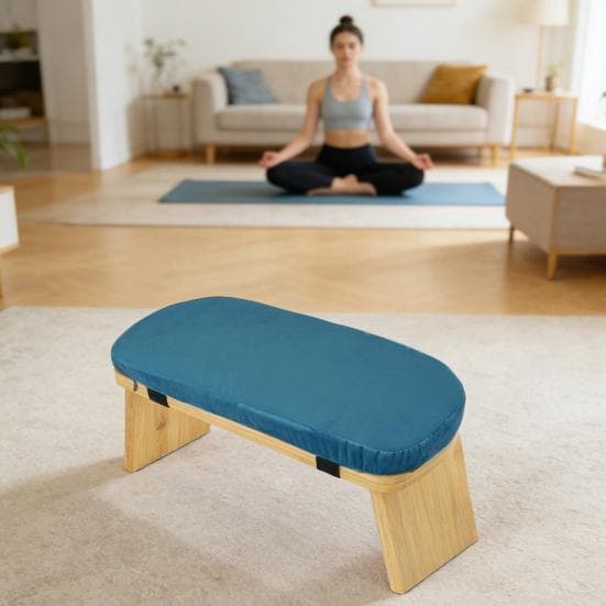 Meditationsbank aus Holz, ergonomischer, klappbarer Meditationsstuhl mit Kissen, robuster, tragbarer Seiza-Gebets-Yoga-Kniehocker baby blau