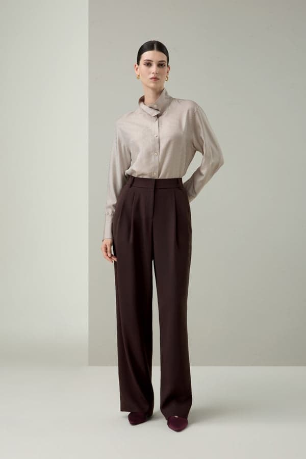 LILYSILK Damen Plissierte Stretch-Seidenkrepp Geradehose Beerenbraun S