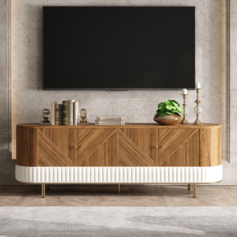 TV Schrank aus geschnitztem Holz mit viel Stauraum, Vintage TV Lowboard in Braun und Weiß, 200 cm