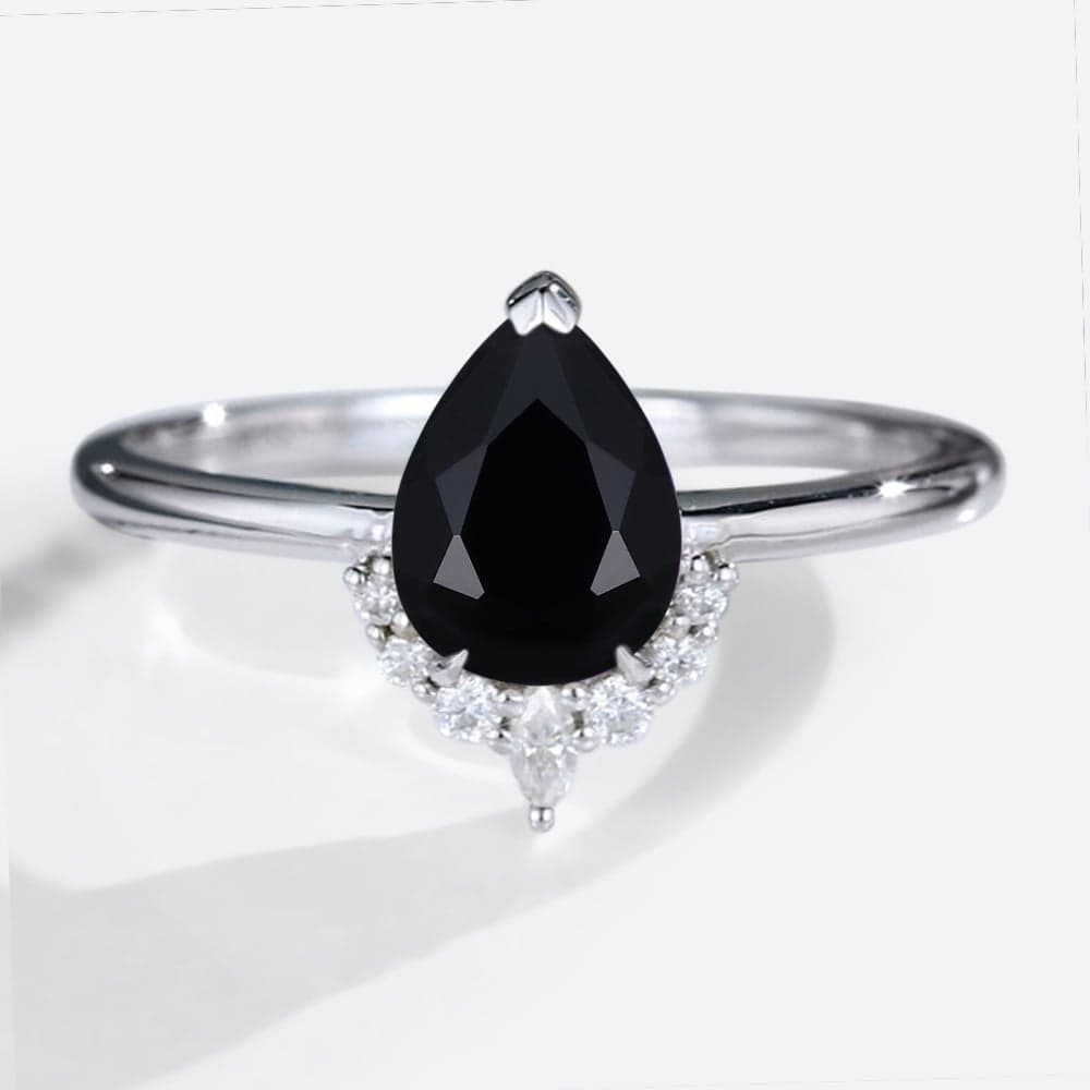 White Gold Pear Shaped Black Onyx Ring Unique Vintage Engagement Ring