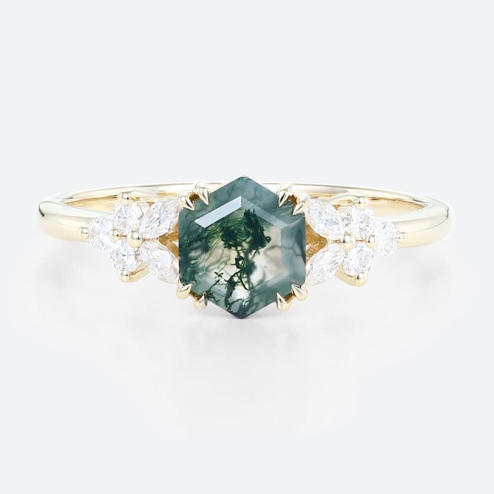Yellow Gold Hexagon Cut Moss Agate Engagement Ring Simple Engagement Rings