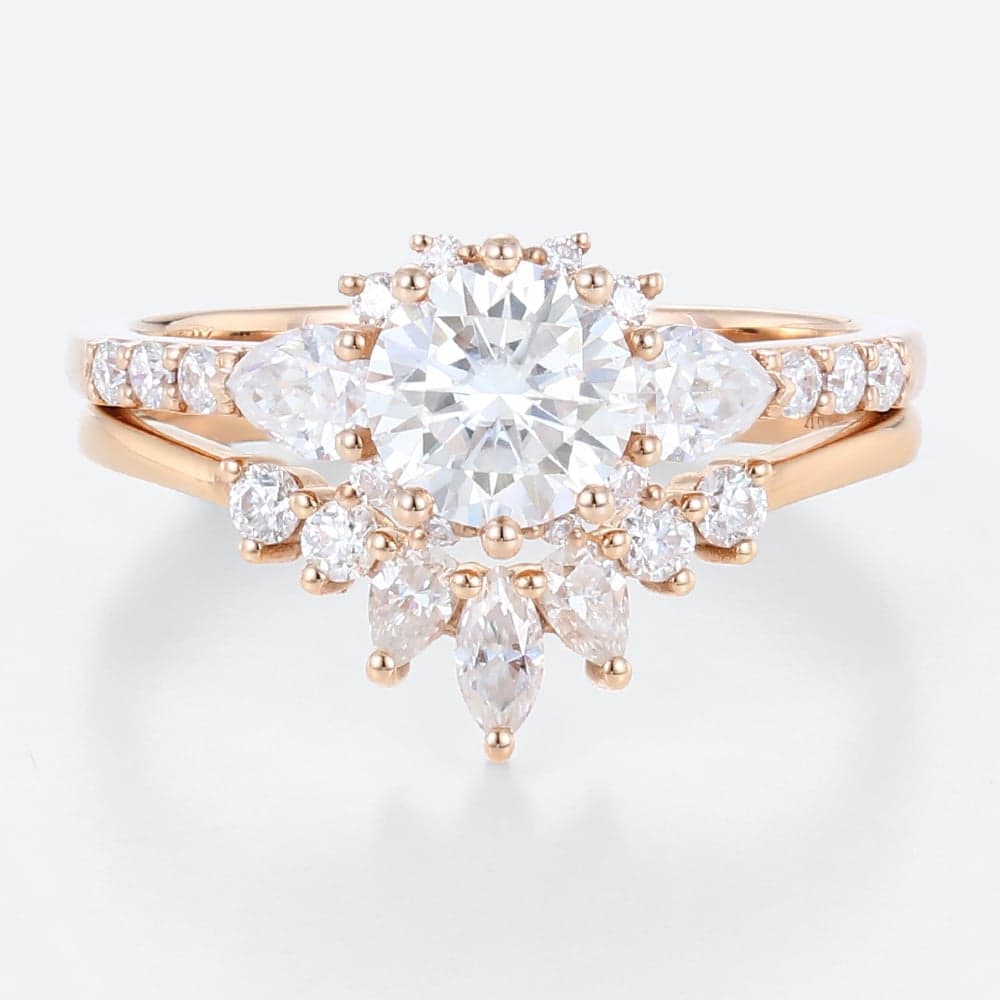 1ct Colorless VS+ Round Cut Lab Grown Diamond Vintage Cluster 6-Prong Bridal Ring Set in Rose Gold