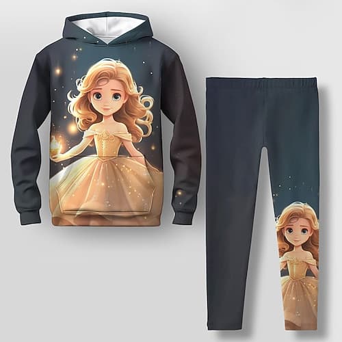 Mädchen 3D Karikatur Set aus Kapuzenpullover und Leggings Rosa Langarm 3D-Druck Frühling Herbst Aktiv Modisch Täglich kinderkleidung 3-12 Jahre Mit