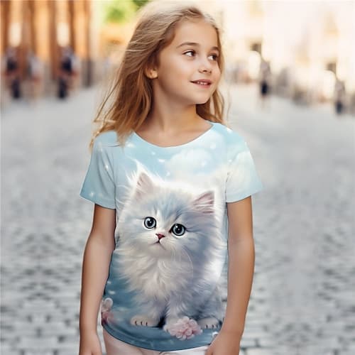 Mädchen 3D Katze T-Shirt Hemden Rosa Kurzarm 3D-Druck Sommer Aktiv Modisch Kuschelig Polyester kinderkleidung 3-12 Jahre Rundhalsausschnitt Outdoor