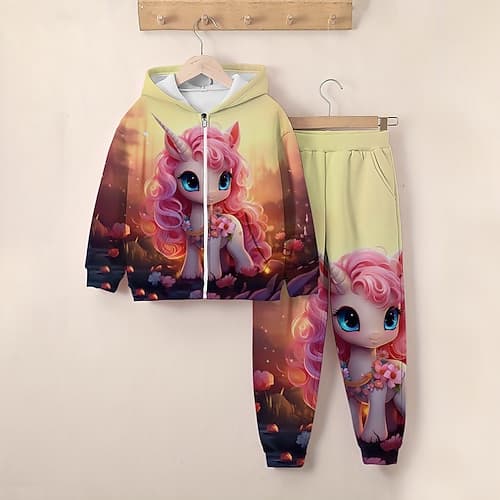 3D-Einhorn-Kapuzenpullover für Mädchen Jogginghosen-Set, langärmelig, 3D-Druck, Frühling, Herbst, aktiv, modisch, niedlich, Polyester, für Kinder