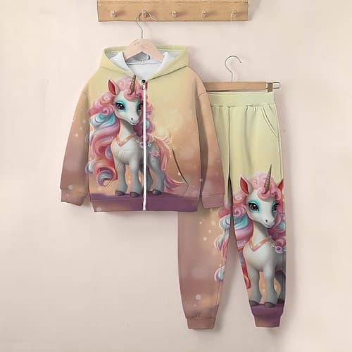 3D-Einhorn-Kapuzenpullover für Mädchen Jogginghosen-Set, langärmelig, 3D-Druck, Frühling, Herbst, aktiv, modisch, niedlich, Polyester, für Kinder